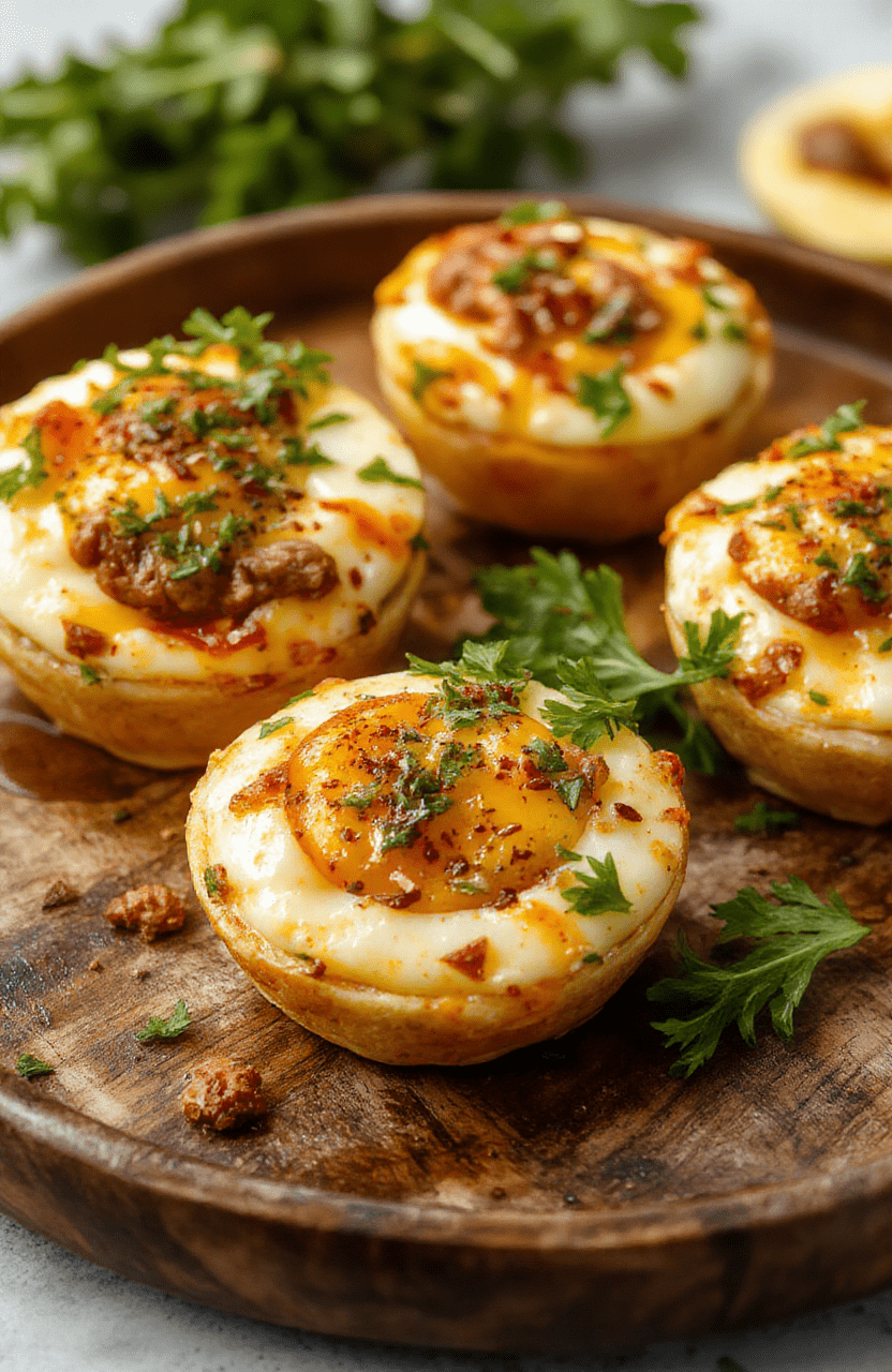 Colorful and neatly arranged beef, cheese, and egg cups topped with fresh herbs, set on a rustic wooden plate with vibrant vegetables in the background, showcasing textures of crispy edges and gooey cheese, styled simply with a light natural setting.