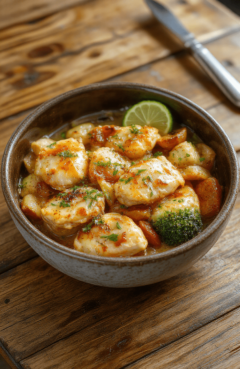A vibrant plate of chicken and colorful vegetables arranged neatly on a rustic wooden table, steamy and freshly cooked, with a sprinkle of herbs on top, styled simply for an inviting, wholesome look.