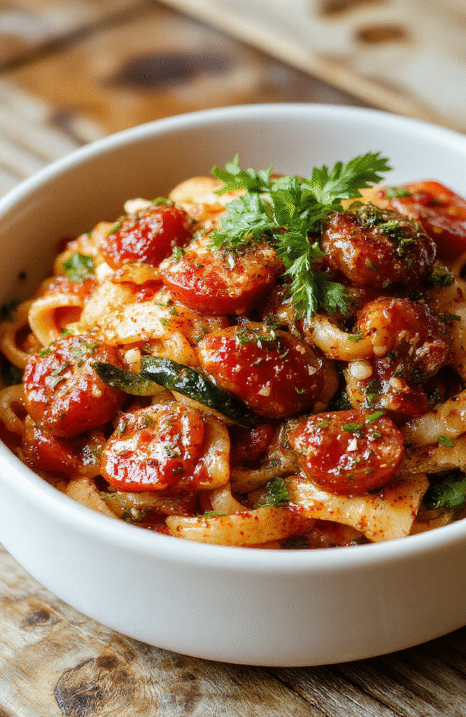 A vibrant plate of vegetarian tomato and zucchini pasta featuring spiralized zucchini noodles topped with fresh cherry tomatoes, basil, and grated cheese. The dish sits on a rustic wooden table, with colorful ingredients highlighting textures and freshness, styled in a casual, appetizing manner.