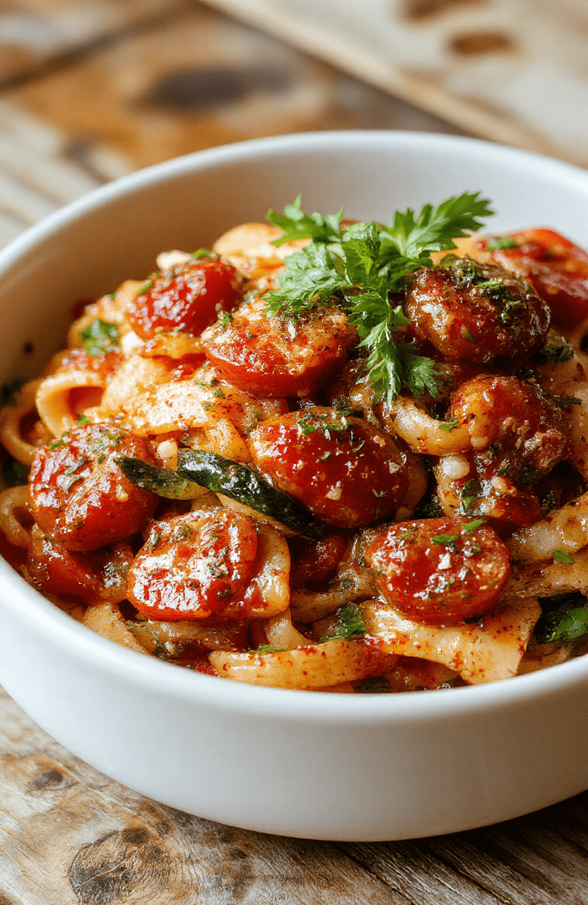 A vibrant plate of vegetarian tomato and zucchini pasta featuring spiralized zucchini noodles topped with fresh cherry tomatoes, basil, and grated cheese. The dish sits on a rustic wooden table, with colorful ingredients highlighting textures and freshness, styled in a casual, appetizing manner.