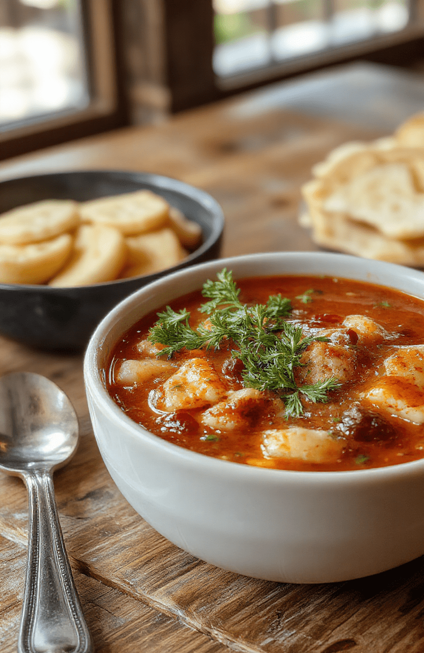 A vibrant bowl of hearty cowboy soup with chunks of beef, beans, corn, and vegetables, garnished with fresh herbs, served in a rustic white bowl on a wooden table with warm lighting, showcasing a comforting, filling meal with rich textures