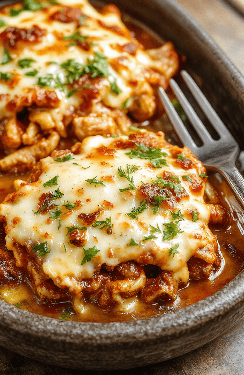A close-up of a savory chicken parmesan casserole topped with golden melted cheese and crispy breadcrumbs, served in a rustic ceramic dish with a vibrant tomato sauce and fresh basil garnish. The dish showcases a bubbly, cheesy crust with juicy chicken pieces, styled on a wooden table with natural lighting highlighting textures and colors.