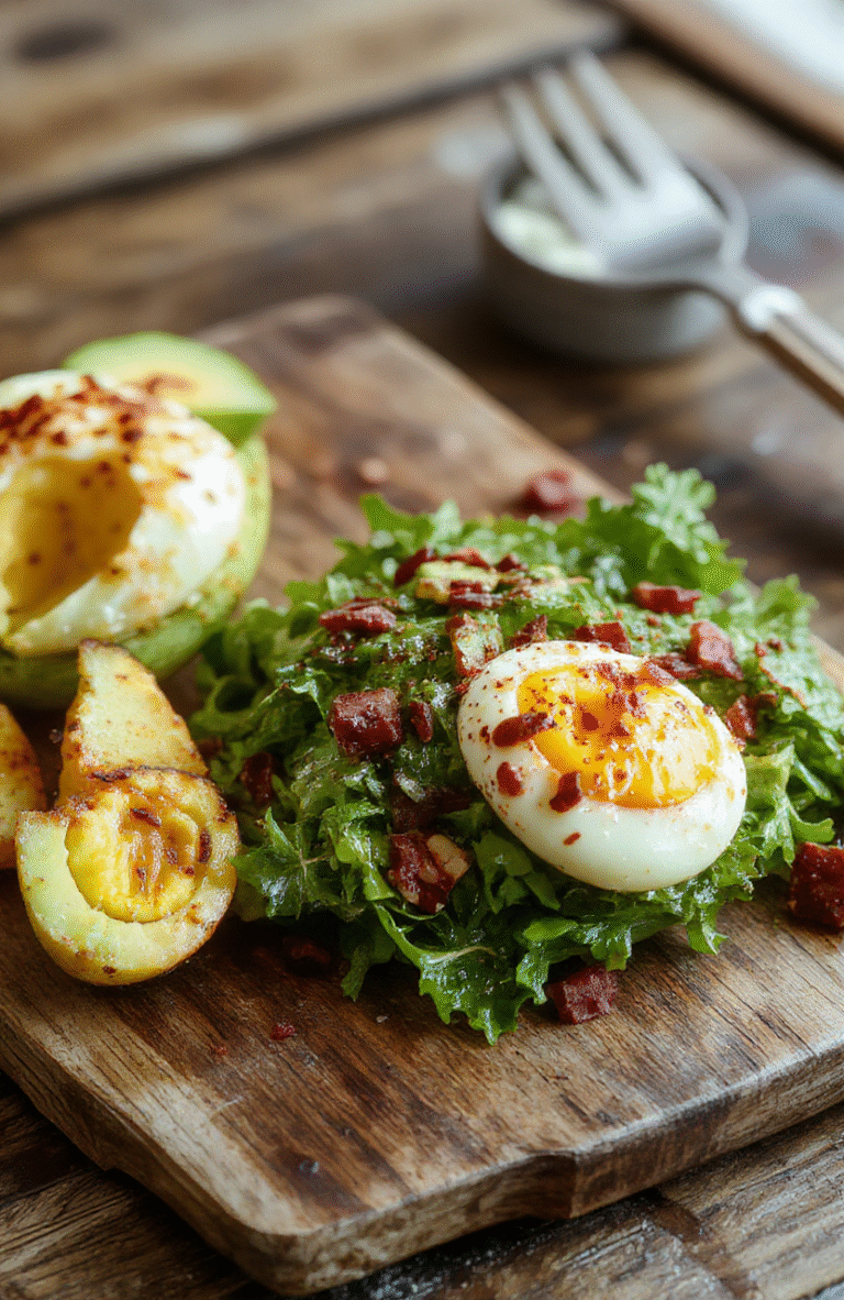 A vibrant plate of egg avocado salad featuring sliced hard-boiled eggs, creamy avocado chunks, cherry tomatoes scattered around, garnished with fresh herbs, presented on a rustic wooden table with a splash of olive oil and a lemon wedge, colorful and inviting texture.