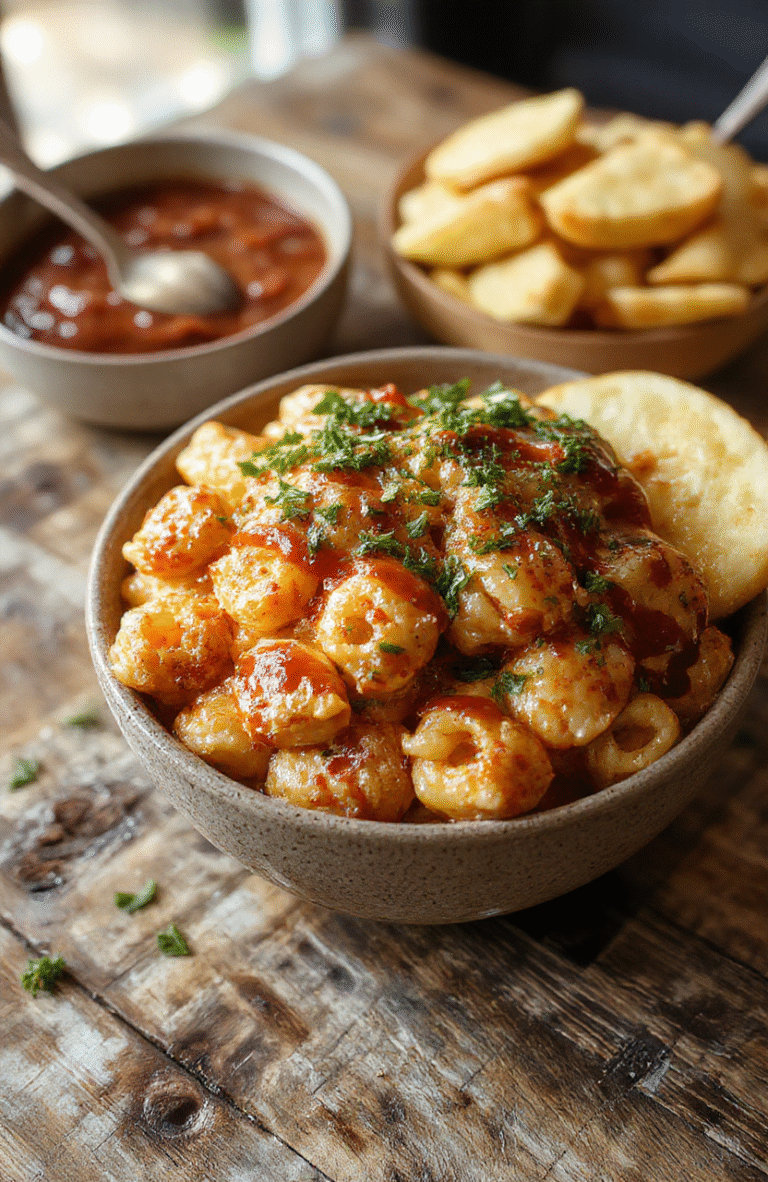 Colorful plate of creamy mac and cheese topped with shredded BBQ chicken, honey glaze, and chopped parsley. The dish is served in a rustic bowl with a side of fresh green herbs, showcasing gooey cheese, tender chicken, and caramelized sauce textures, styled casually on a wooden table.