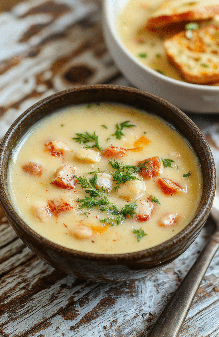 A vibrant bowl of white bean soup garnished with fresh herbs, served on a rustic wooden table with a warm, inviting atmosphere. The creamy texture of the soup contrasts with the greens and herbs on top, creating an appealing, appetizing presentation. Natural daylight highlights the smooth surface and hints of steam rising from the bowl, evoking comfort and health.
