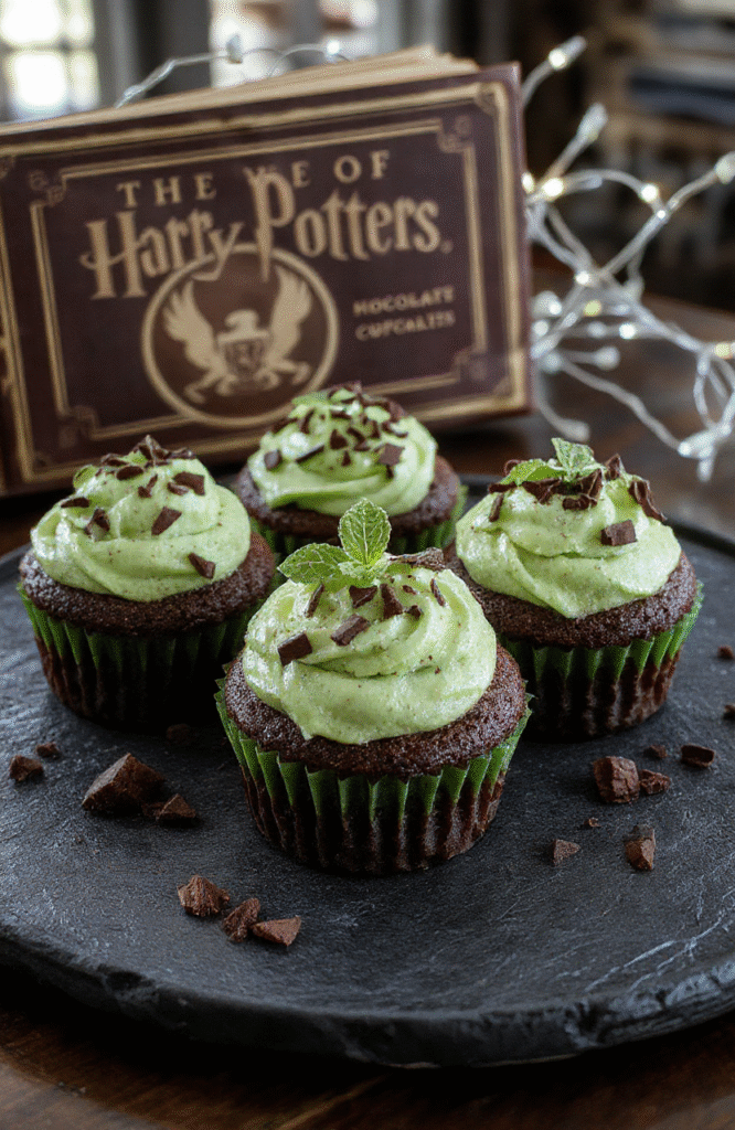 Colorful Hogwarts Mint Chocolate Cupcakes with shimmering gold dust on top, served on a dark slate plate, with a subtly magical ambiance. The cupcakes have rich chocolate frosting with a hint of mint green, sprinkled with edible glitter, and decorated with tiny edible gold accents. The background features a vintage potion book and a sparkling wand, styled with a whimsical, fantasy-inspired theme.