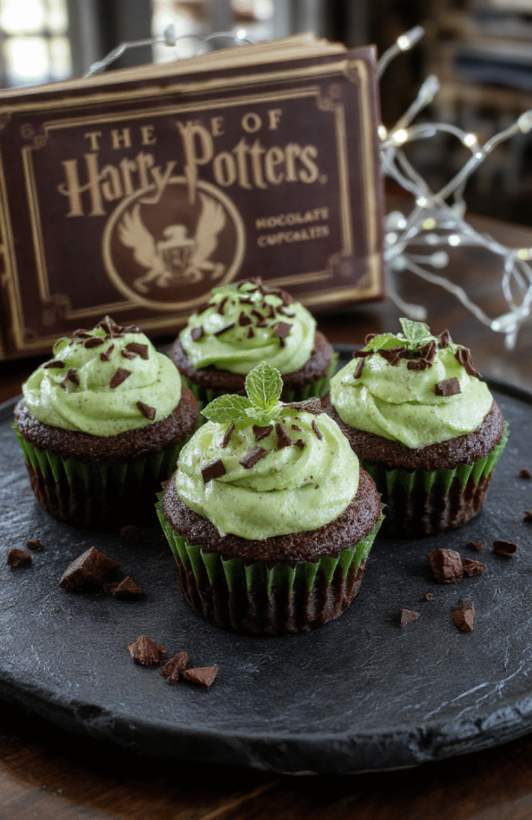 Colorful Hogwarts Mint Chocolate Cupcakes with shimmering gold dust on top, served on a dark slate plate, with a subtly magical ambiance. The cupcakes have rich chocolate frosting with a hint of mint green, sprinkled with edible glitter, and decorated with tiny edible gold accents. The background features a vintage potion book and a sparkling wand, styled with a whimsical, fantasy-inspired theme.