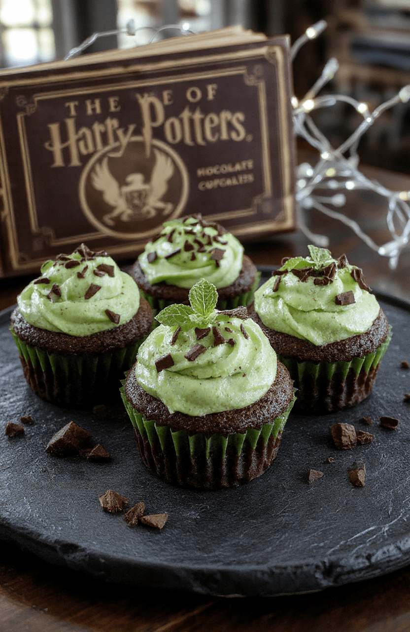 Colorful Hogwarts Mint Chocolate Cupcakes with shimmering gold dust on top, served on a dark slate plate, with a subtly magical ambiance. The cupcakes have rich chocolate frosting with a hint of mint green, sprinkled with edible glitter, and decorated with tiny edible gold accents. The background features a vintage potion book and a sparkling wand, styled with a whimsical, fantasy-inspired theme.