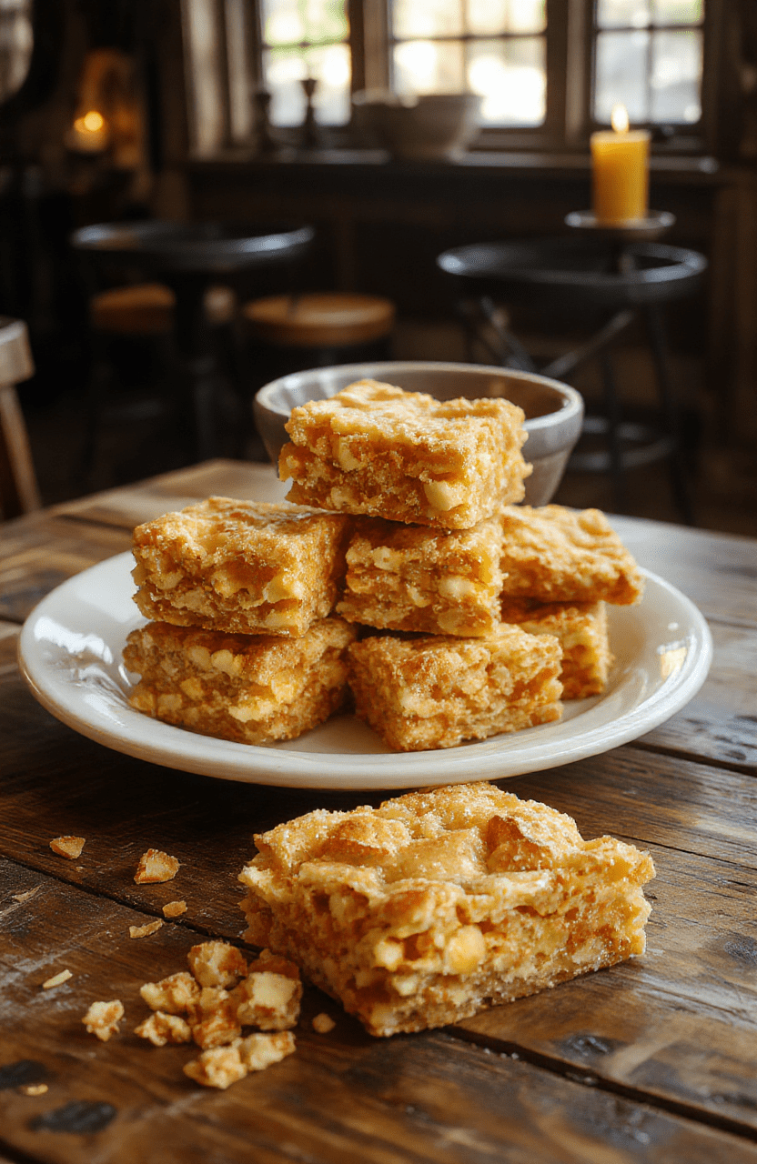 A vibrant plate of Hufflepuff Golden Butterbeer Crunch Bars featuring golden caramelized crust topped with glossy caramel glaze and crunchy bits, styled in a magical fantasy setting with golden accents and whimsical elements that evoke the Harry Potter universe.