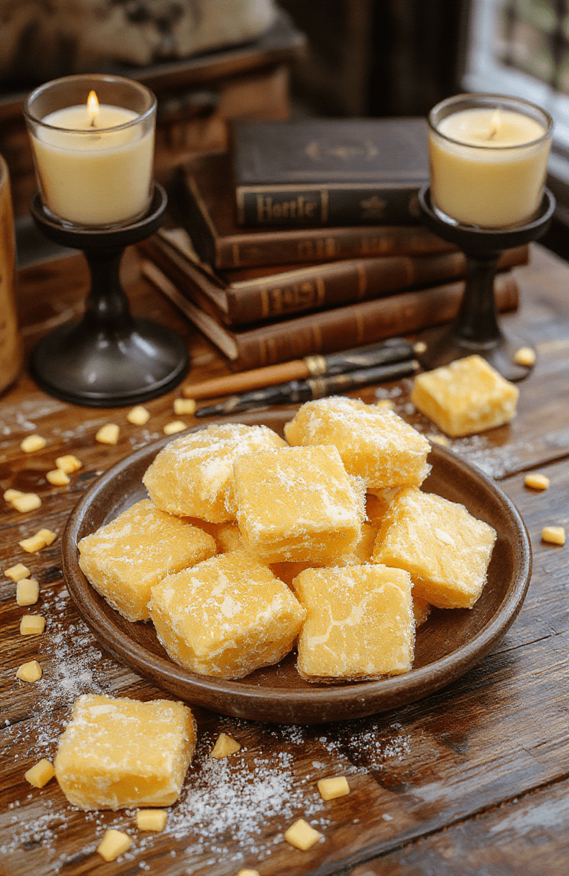 A vibrant plate of Hufflepuff Honeycomb Butterbeer Treats featuring golden honeycomb candies glazed with creamy butterbeer sauce, garnished with edible glitter, placed on a rustic wooden table with warm lighting and magical-themed decorations in the background