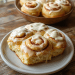 A warm plate of Hufflepuffs Cozy Butterscotch Rolls with frosting, golden-brown and sticky, topped with creamy drizzle and sprinkles, styled on a rustic wooden table with a cozy, magical ambiance