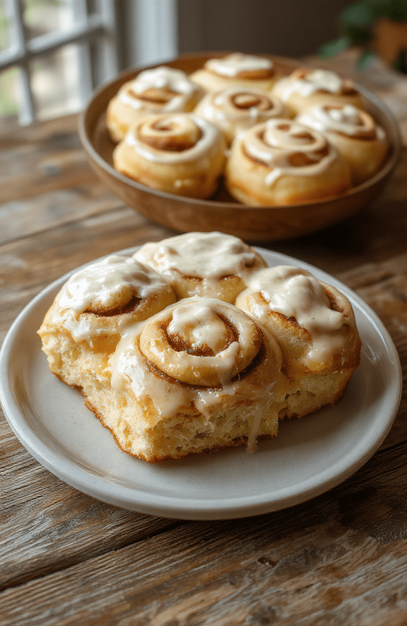 A warm plate of Hufflepuffs Cozy Butterscotch Rolls with frosting, golden-brown and sticky, topped with creamy drizzle and sprinkles, styled on a rustic wooden table with a cozy, magical ambiance