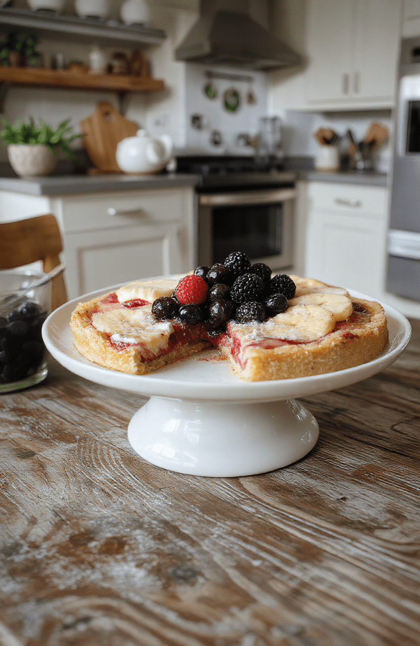 A colorful Hulu Finale Fruit Tart sits elegantly on a white ceramic plate. It features vibrant slices of fresh strawberries, blueberries, kiwis, and mango arranged atop a crisp shortcrust pastry. The glossy fruit is glazed to perfection, with a dusting of powdered sugar around the edges. The tart is styled with a light mint leaf garnish, set on a rustic wooden table with soft natural daylight highlighting its fresh, inviting appeal.
