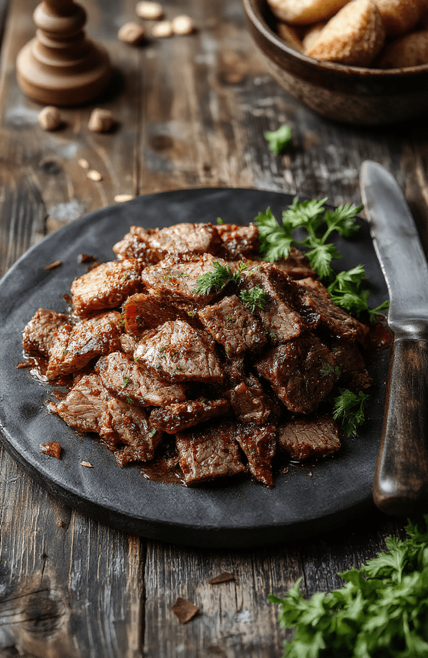 A rustic plate of Balin's Spiced Beef featuring tender sliced beef rubbed with aromatic spices, garnished with fresh herbs, placed on a dark wooden table with medieval-inspired elements. The dish radiates warm tones, with a textured surface highlighting its spice crust, styled with side herbs and a medieval goblet in the background.