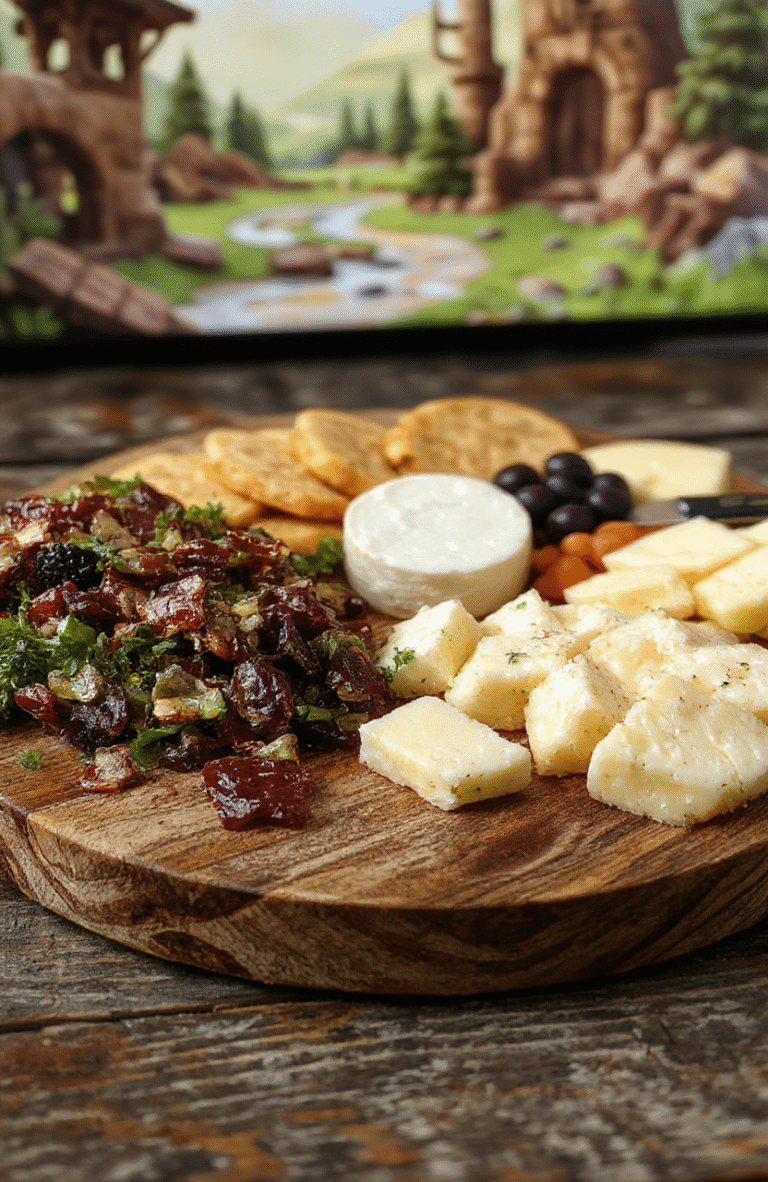 A vibrant Middle-Earth themed cheese board featuring assorted cheeses, meats, crackers, fresh fruits, and nuts, decorated with themed edible elements like miniature swords and hobbit-sized treats, colorful presentation on rustic wooden surface with a backdrop of a fantasy landscape illustration.