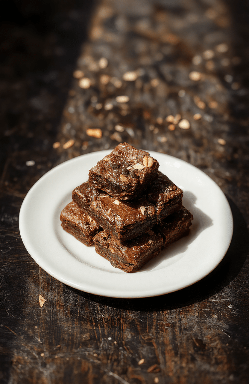 Deep chocolate brownies with a dark, glossy top, garnished with edible gold dust and fantasy-themed edible decorations, arranged on a rustic wooden serving tray with a medieval-inspired background.