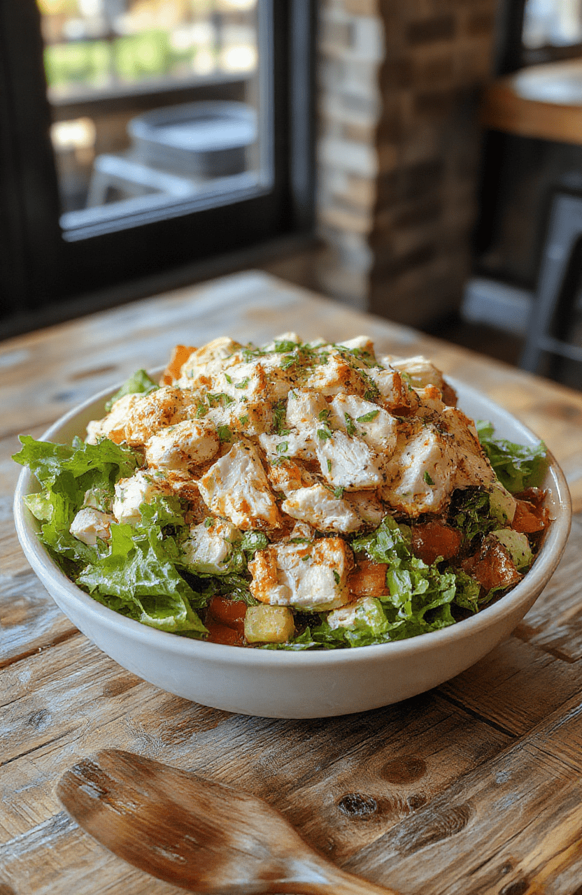 A vibrant bowl of millionaire chicken salad featuring shredded chicken, colorful chopped vegetables, and creamy dressing, garnished with fresh herbs on a rustic wooden table.
