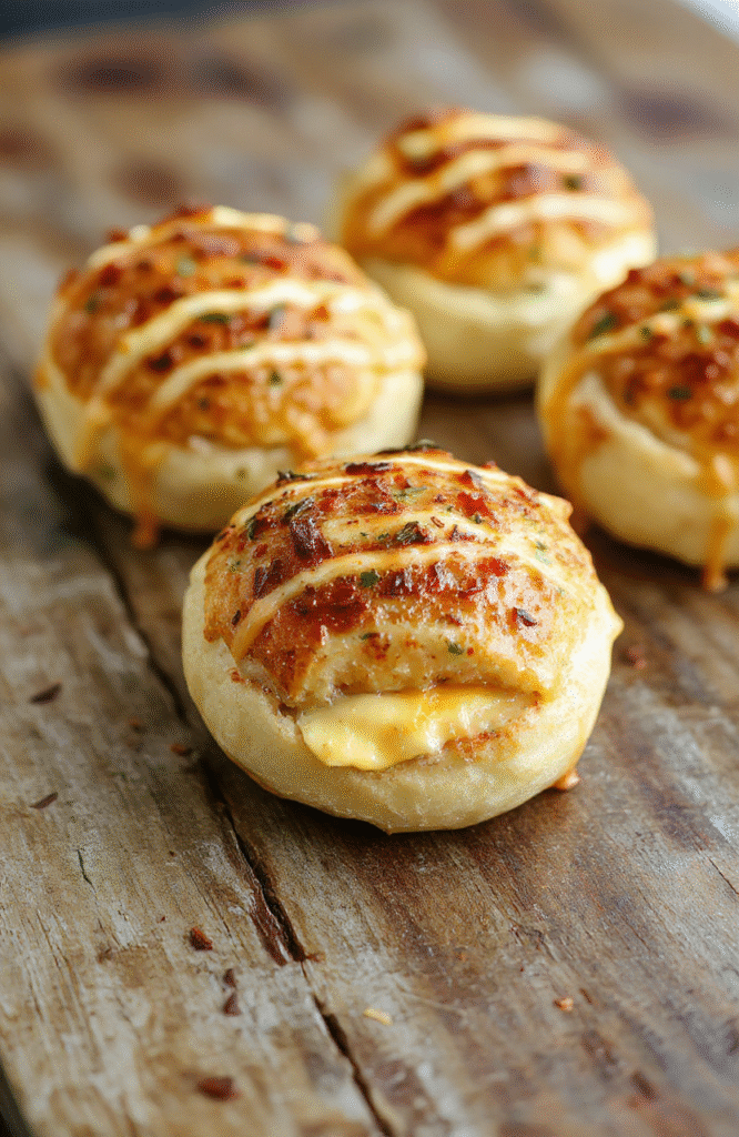 A close-up of mini Hawaiian rolls stuffed with melted cheese and sliced ham, arranged on a rustic wooden platter with golden-brown crusts, vibrant cheese pulls, and a sprinkle of fresh herbs, styled with a casual rustic charm.