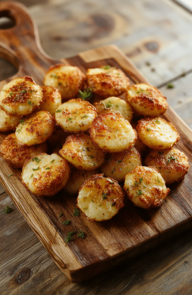 A plate of golden mini potato bites arranged neatly on a rustic wooden serving platter, garnished with fresh herbs. The bites are crispy, round, and golden brown with a soft interior, set against a neutral background with a hint of fresh parsley for contrast.