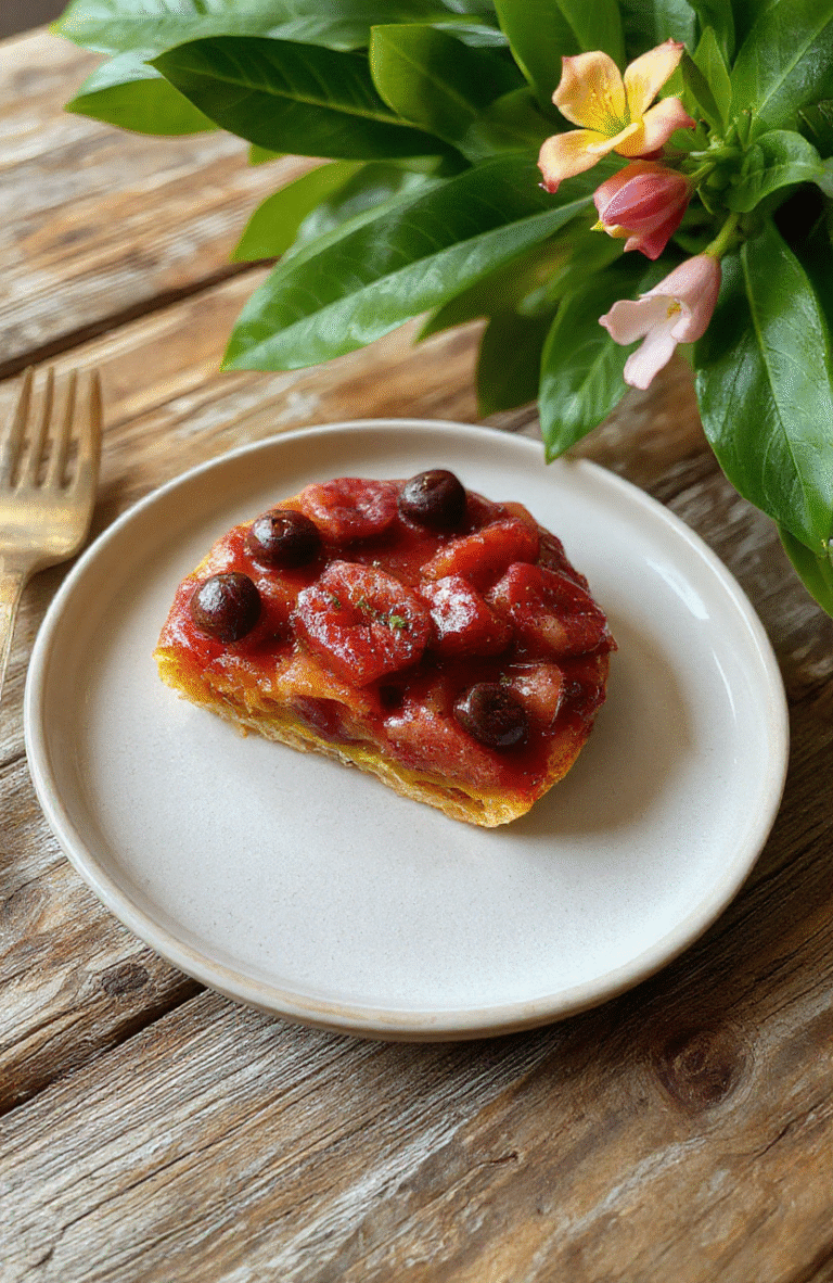 A vibrant tropical fruit tart with a golden crust, topped with an array of fresh colorful fruits like kiwi, mango, and berries, decorated with edible flowers and a glaze that gives it a shiny finish. The tart is beautifully plated on a rustic wooden surface with tropical leaves in the background.