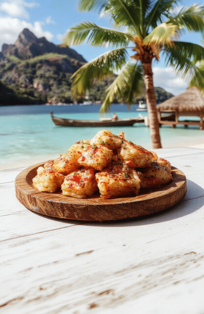 Colorful Moana Islander BBQ Skewers arranged on a rustic wooden platter. Vibrant pineapple chunks, glazed chicken pieces, colorful bell peppers, and charred pineapple rings evoke a tropical paradise. The skewers are garnished with fresh herbs, with a background hinting at Polynesian motifs and sandy beach elements. The textures are juicy, smoky, and caramelized, creating an inviting, festive presentation.