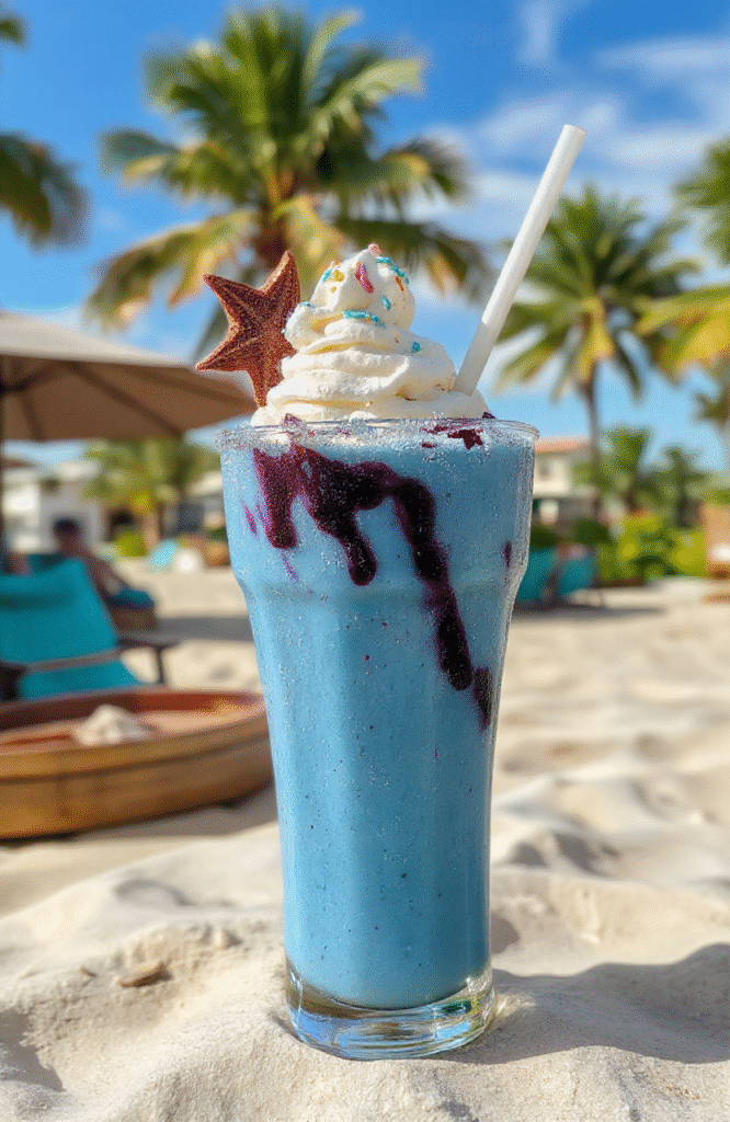 A vibrant blue ocean wave smoothie served in a tall glass, topped with a swirl of whipped cream and edible sea-themed decorations. The drink has a smooth, icy texture with swirls of darker blue mimicking ocean waves. The background features a sandy beach setting with hints of tropical foliage, creating a lively and refreshing seaside atmosphere.