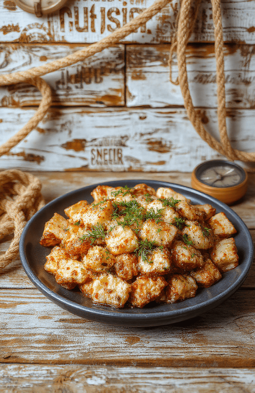 Vibrant paella with colorful seafood and vegetables, artistically plated in a rustic pan, garnished with fresh herbs. The setting features a weathered wooden table with nautical elements, evoking a lively pirate feast.