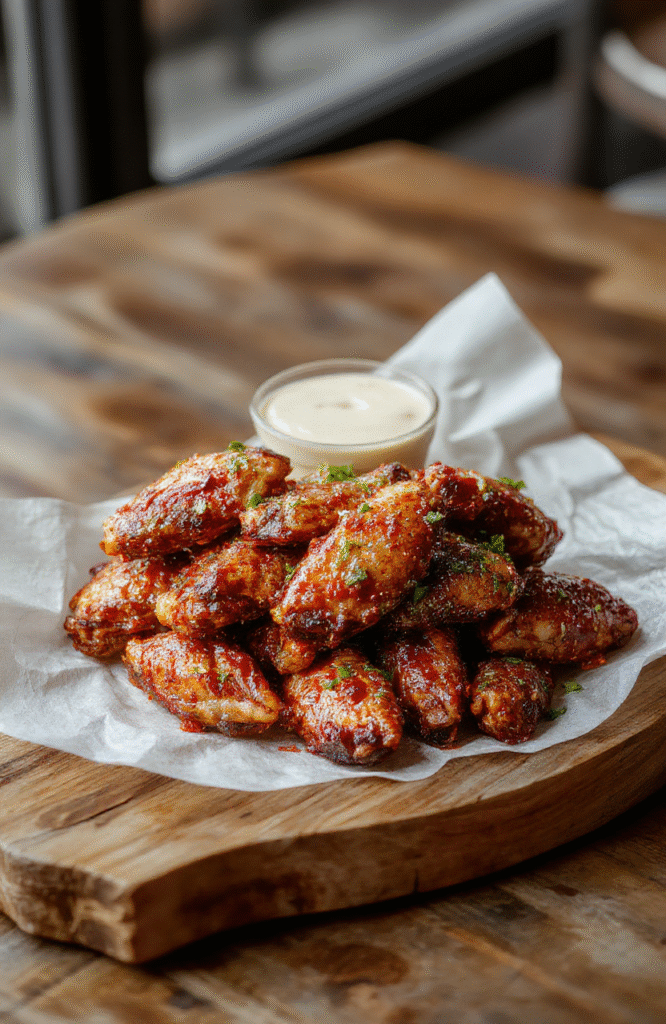 Colorful spicy chicken wings arranged on a rustic wooden platter, glazed with glossy red hot sauce, sprinkled with green herbs, surrounded by lemon wedges and celery sticks, styled with a vibrant and appetizing presentation.