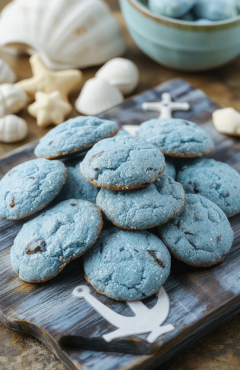 Vibrant blue cookies arranged on a rustic wooden tray, sprinkled with shimmering edible glitter that mimics the ocean's depths. The cookies have a glossy finish with intricate sea motif designs in white and silver icing, styled with seaweed-like green sugar strands and tiny candy pearls resembling bubbles. The background showcases a nautical-themed setting with blue and white linen and seashell accents.
