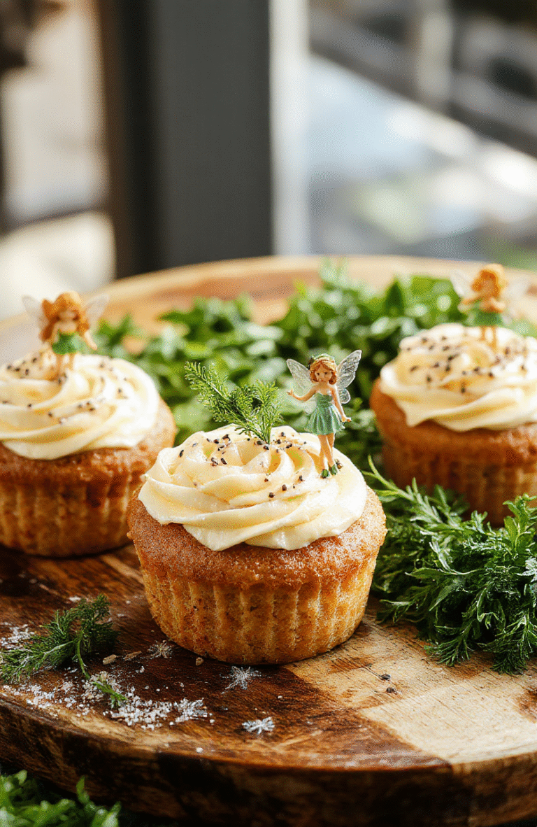 Colorful fairy-themed cupcakes with shimmering edible glitter, vibrant pastel frosting decorated with tiny edible flowers and fairy sprinkles, arranged on a rustic wooden plate, whimsical and enchanting presentation.