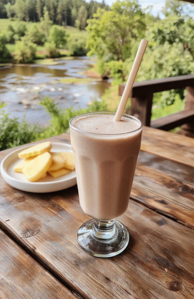 A vibrant, colorful Pocahontas Riverbend Smoothie in a tall glass, garnished with fresh berries and mint leaves, with a background of lush green foliage and a flowing river, capturing the natural, earthy tones and tropical textures of the ingredients.