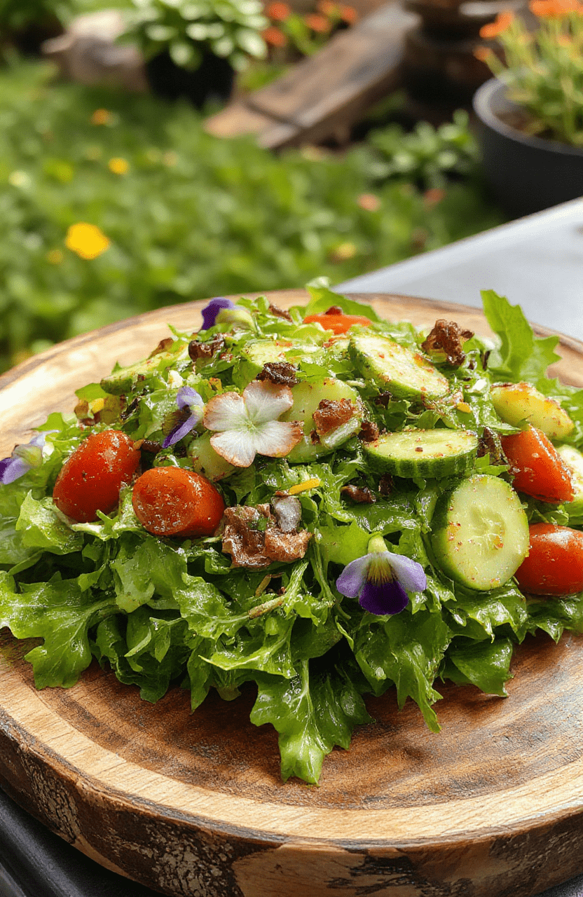 A vibrant salad featuring green leafy lettuce, cucumber slices, cherry tomatoes, and edible flowers arranged to resemble Bulbasaur, with fresh herbs sprinkled on top. The colorful ingredients are presented on a rustic wooden plate, with a blurred background of a garden scene. Natural daylight highlights the crisp textures and bright colors, styled casually for an inviting, fresh look.