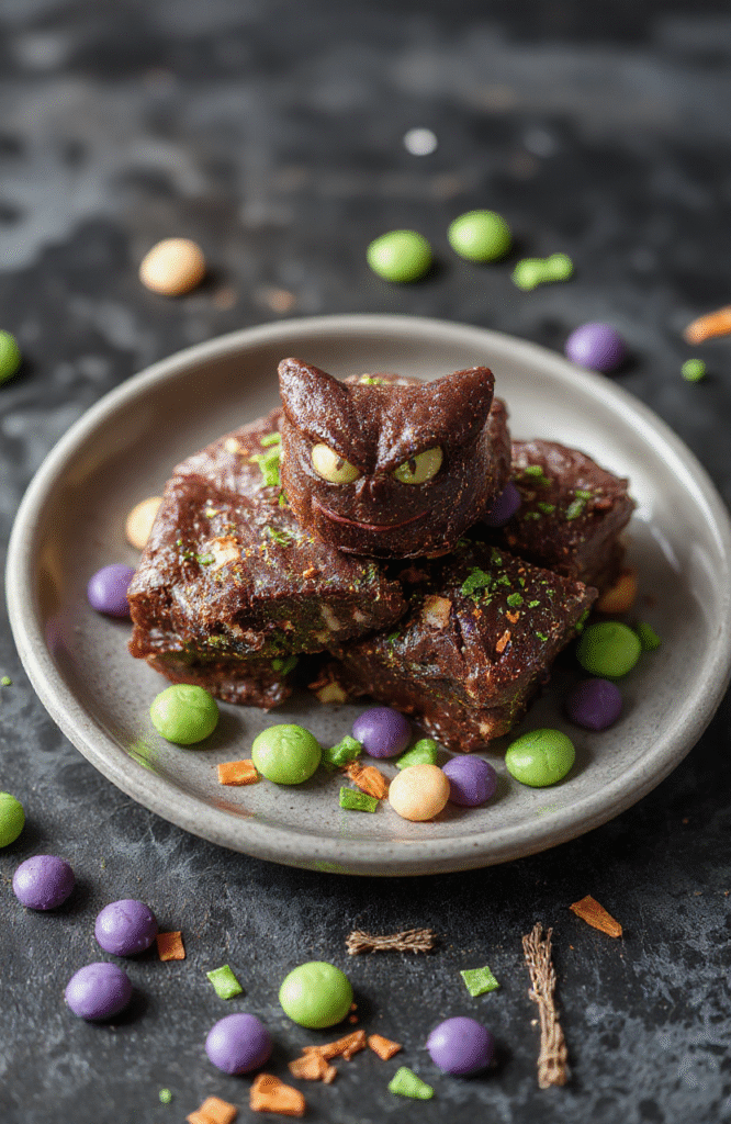 A glossy dark purple-black fudge shaped like Gengar from Pokémon sits on a spooky black plate with shimmering edible glitter, surrounded by eerie green and purple candies, set on a dark wooden surface. The fudge has a smooth, shiny surface with a mischievous Gengar face carved into it, garnished with sprinkles resembling haunted aura, styled for a spooky Pokémon-themed celebration.