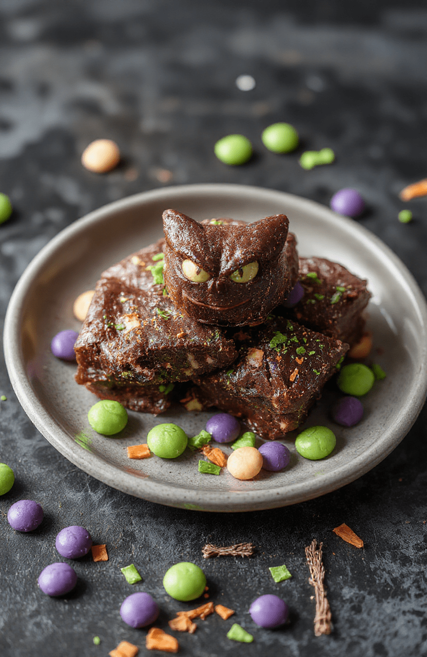 A glossy dark purple-black fudge shaped like Gengar from Pokémon sits on a spooky black plate with shimmering edible glitter, surrounded by eerie green and purple candies, set on a dark wooden surface. The fudge has a smooth, shiny surface with a mischievous Gengar face carved into it, garnished with sprinkles resembling haunted aura, styled for a spooky Pokémon-themed celebration.