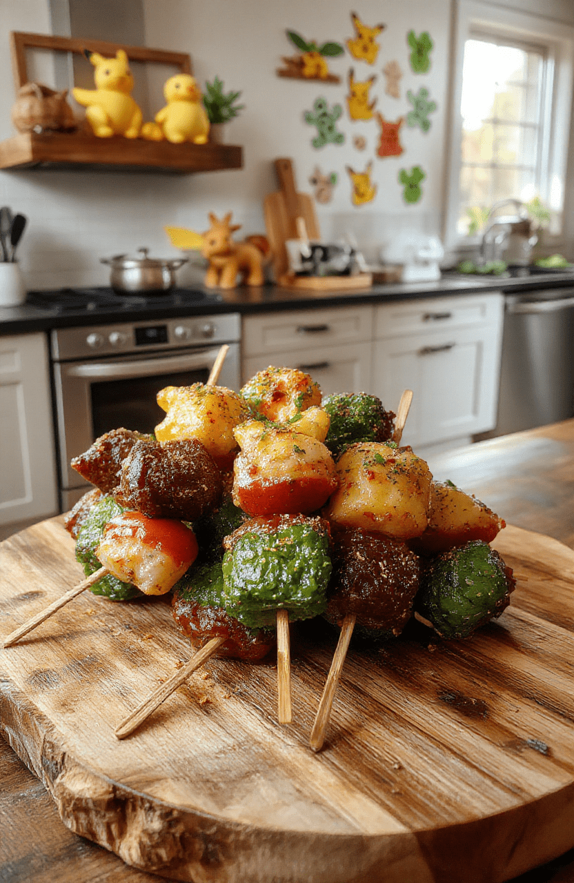 Colorful Pokémon Pokédex Rainbow Skewers arranged on a rustic wooden platter, featuring vivid layers of colorful fruits and vegetables, with shiny glossy surfaces, styled with playful Pokémon themed decorations, and a blurred background of a fantasy kitchen setting.