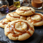 Close-up of Polyjuice Potion Cookies with swirling caramel on a dark, mystical slate plate. The cookies have a golden-brown surface with vibrant caramel streaks, surrounded by mystical potion-inspired accents like small glowing edible pearls and enchanted herbs. The background features a dimly lit wizard's workspace with subtle magical artifacts.