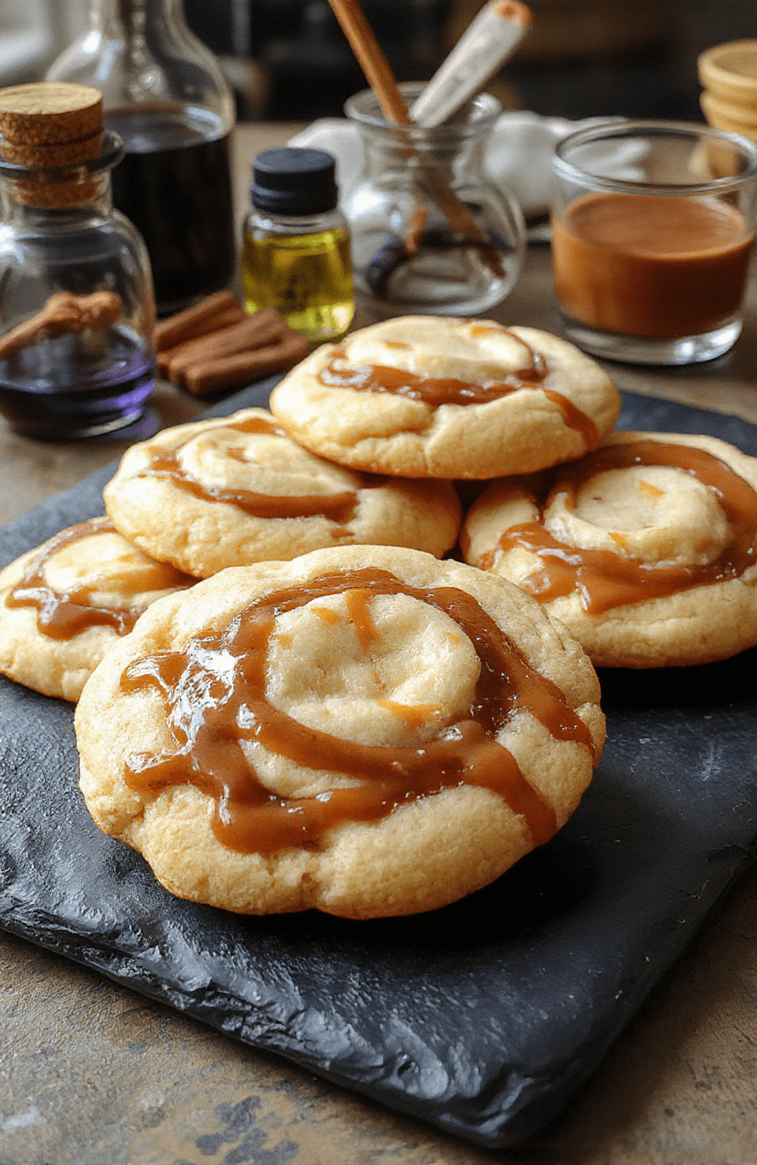 Close-up of Polyjuice Potion Cookies with swirling caramel on a dark, mystical slate plate. The cookies have a golden-brown surface with vibrant caramel streaks, surrounded by mystical potion-inspired accents like small glowing edible pearls and enchanted herbs. The background features a dimly lit wizard's workspace with subtle magical artifacts.