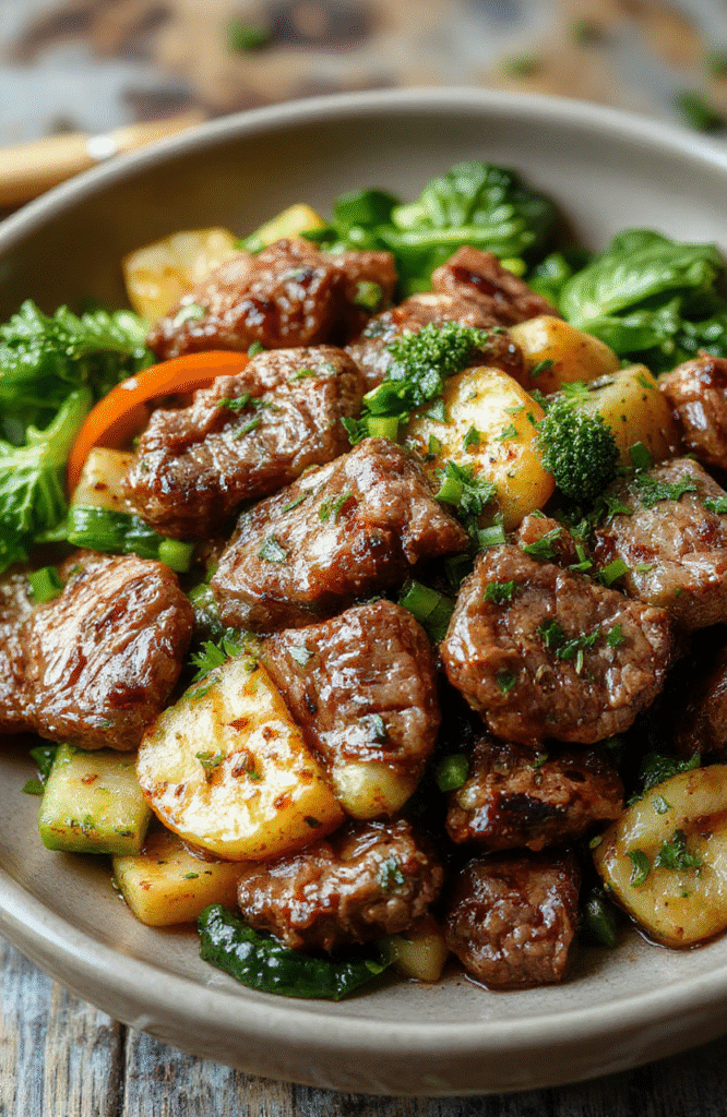 A vibrant beef stir fry on a white plate, featuring thinly sliced beef, colorful bell peppers, broccoli, and carrots, glazed with a savory sauce, arranged artfully with steam rising, styled simply on a rustic wooden table.
