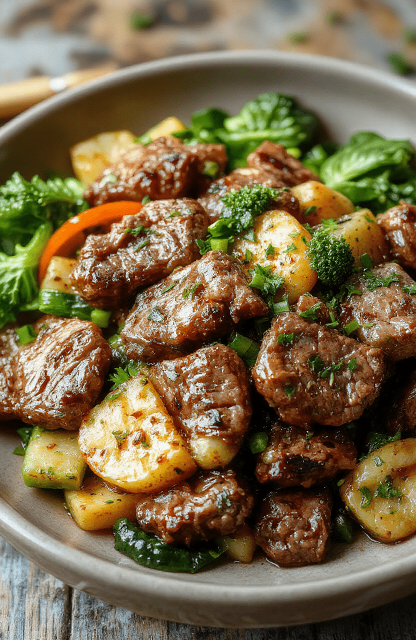 A vibrant beef stir fry on a white plate, featuring thinly sliced beef, colorful bell peppers, broccoli, and carrots, glazed with a savory sauce, arranged artfully with steam rising, styled simply on a rustic wooden table.