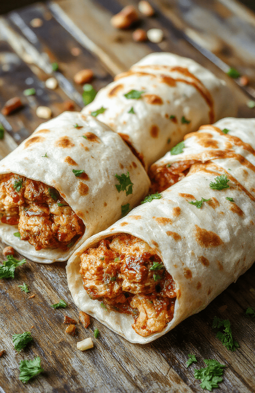Bright and colorful plate featuring crispy chicken slices coated in glossy sweet chili sauce, wrapped in soft tortillas with fresh lettuce and sliced vegetables, arranged on a rustic wooden surface with vibrant garnishes, capturing the appetizing textures and appealing presentation.