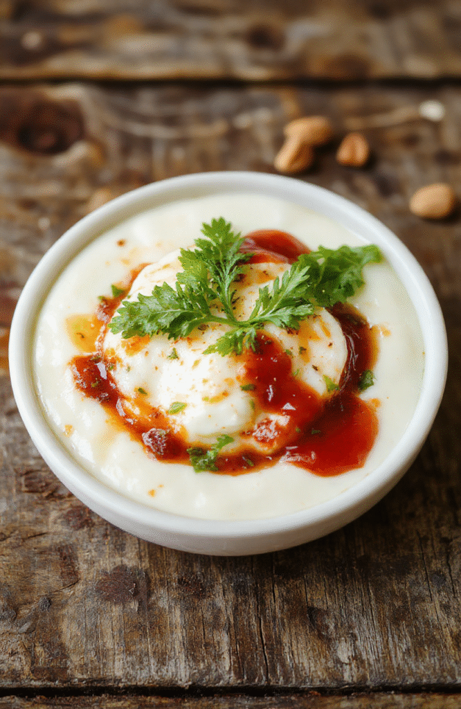 A vibrant white ceramic bowl filled with creamy Caprese dip topped with fresh basil leaves, cherry tomato halves, and drizzled with balsamic glaze. The dip has a smooth, cheesy texture with hints of red and green from the toppings. The bowl is placed on a rustic wooden table, styled simply with a few basil sprigs around, capturing a fresh and inviting appetizer scene.