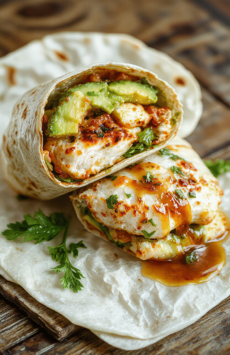 Colorful chicken avocado wrap sliced open showing fresh avocado, grilled chicken, lettuce, and tomato inside a soft tortilla, styled on a rustic wooden surface with vibrant ingredients spilling slightly for a casual, appetizing look.