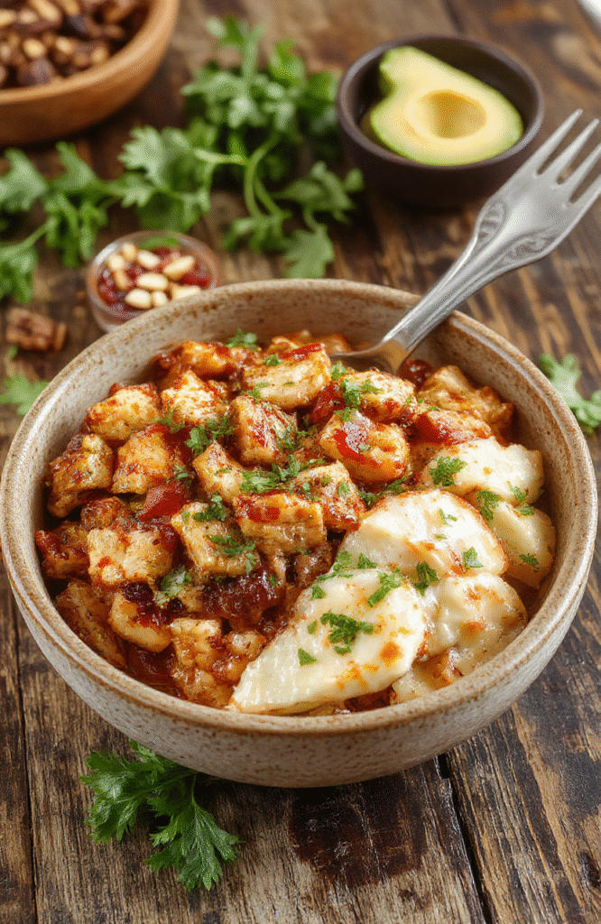 A colorful chicken fajita burrito bowl featuring grilled chicken strips, vibrant bell peppers, and onions served over cilantro rice, topped with fresh avocado slices, shredded cheese, and a drizzle of lime. Bright red and yellow peppers contrast with the green avocado, creating an appetizing and inviting presentation styled on a rustic wooden table.