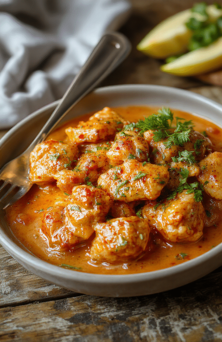 A vibrant plate of homemade butter chicken featuring tender, golden chicken pieces simmered in a rich, creamy tomato sauce garnished with fresh cilantro, served on a rustic wooden table with a side of fluffy rice and naan bread, with a warm and inviting atmosphere, highlighting the luscious texture and aromatic spices.