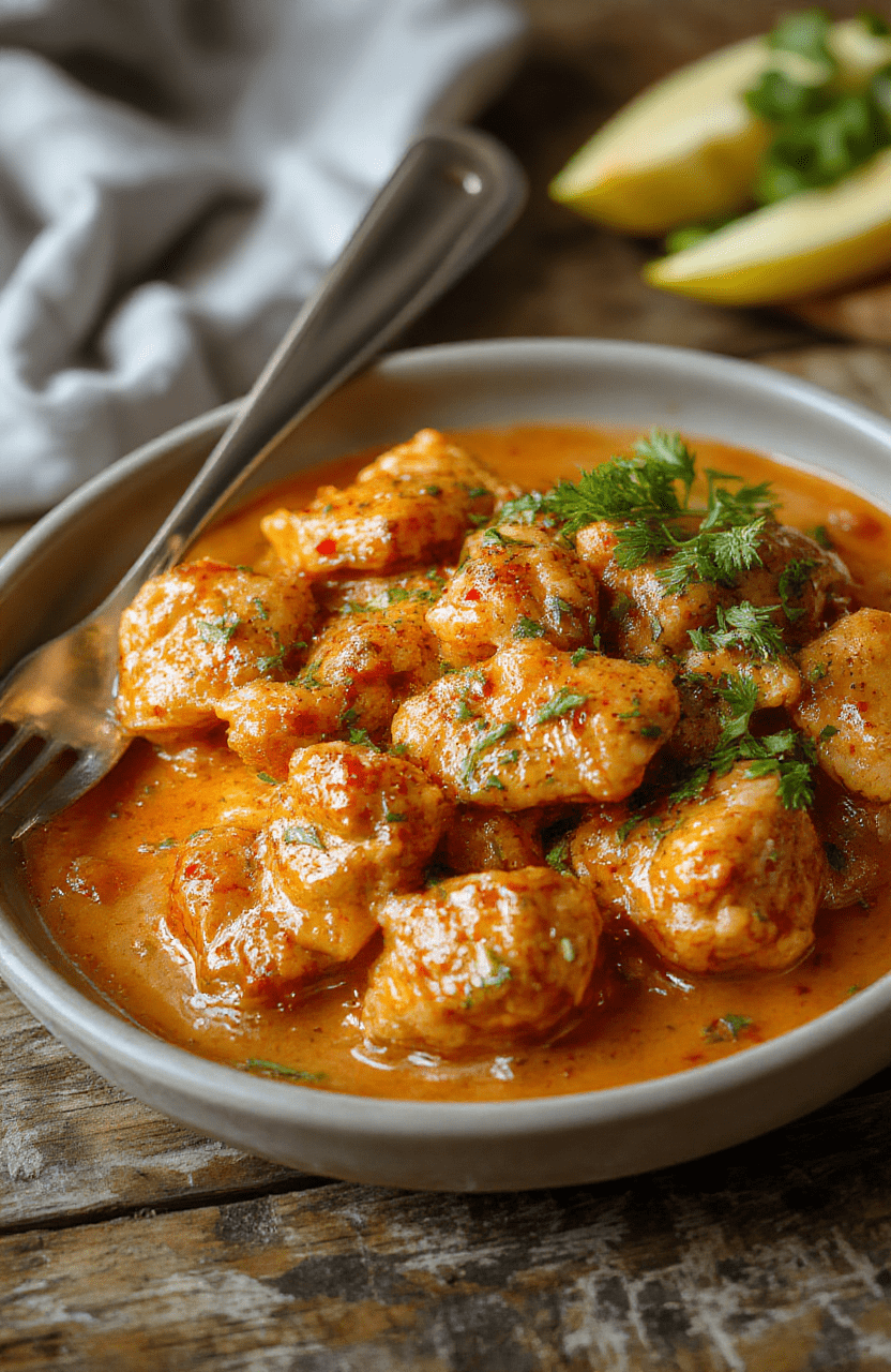 A vibrant plate of homemade butter chicken featuring tender, golden chicken pieces simmered in a rich, creamy tomato sauce garnished with fresh cilantro, served on a rustic wooden table with a side of fluffy rice and naan bread, with a warm and inviting atmosphere, highlighting the luscious texture and aromatic spices.
