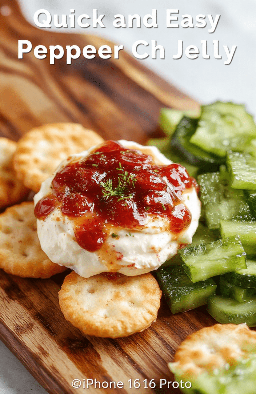 A vibrant, creamy cheese mixture topped with bright red pepper jelly, garnished with fresh herbs, served on a rustic wooden platter with crackers and colorful vegetable sticks, showcasing a smooth, glossy texture and inviting presentation, perfect for a party setting.