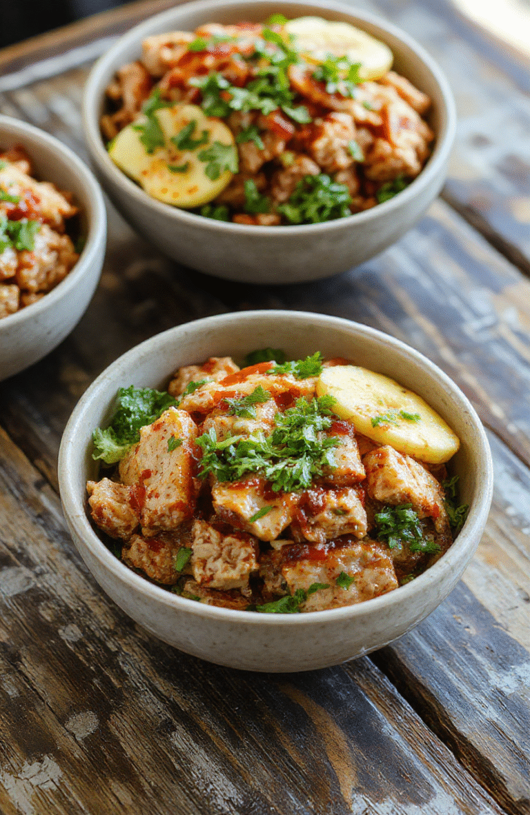 A vibrant plate of teriyaki ground turkey bowls featuring glossy turkey ground served over steamed rice, garnished with sliced green onions and sesame seeds. The dish is presented on a rustic wooden table with a drizzle of teriyaki sauce, highlighting the savory textures and colorful ingredients. The background reveals a casual home kitchen setting with natural lighting, emphasizing freshness and simplicity.