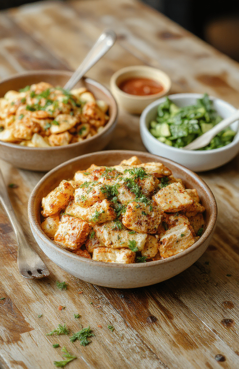 Vibrant bowl featuring crispy chicken slices coated in spicy sauce, topped with fresh green onions and sesame seeds, served over fluffy rice with colorful vegetables, styled simply on a white background with natural lighting emphasizing the textures and enticing colors.