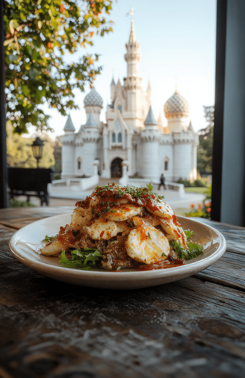 A stunning plate of Rapunzel Golden Hair Cupcakes featuring golden-yellow frosting styled to resemble flowing hair, topped with edible glitter. The cupcakes are arranged on a whimsical, ornate plate with brightly colored sprinkles and edible shimmer, set against a backdrop of a fairytale castle decoration, with soft natural lighting highlighting the shiny textures and vibrant colors.