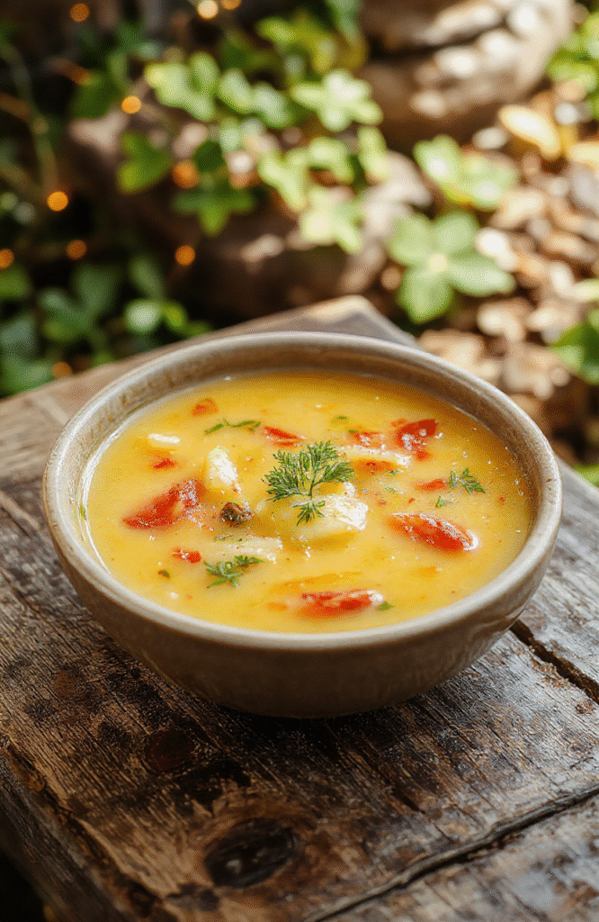 Vibrant, colorful bowl of soup with a rich, clear broth topped with fresh herbs, magical glowing elements like luminous herbs or enchanted sparkles, surrounded by fresh vegetables and herbs on a rustic wooden table, styled in a whimsical, fairy-tale inspired setting with soft, mystical lighting.
